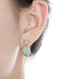 Elegant Natural Green Oval Aventurine CZ 925 Sterling Silver Dangling Earrings