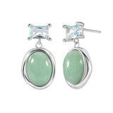 Elegant Natural Green Oval Aventurine CZ 925 Sterling Silver Dangling Earrings